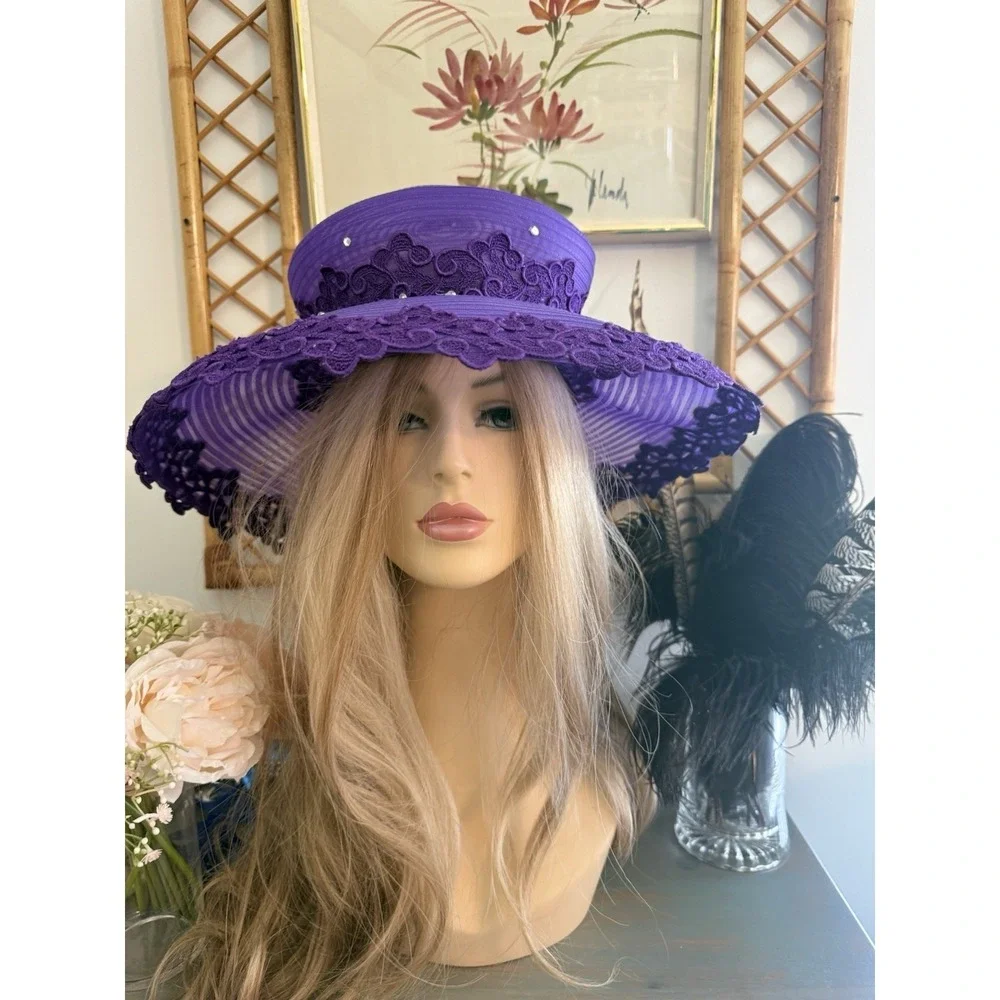 Mr Hi's Classic‎ Purple Wide Brim Lace Hat Ribbon Net Rhinestones Vintage 1970s
